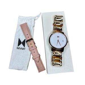 MVMT Watch Round White Face w/ Date, Gold Link Band & Pink/Peach Leather Band
